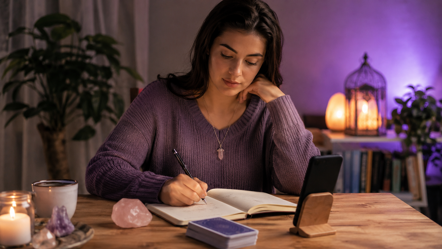 Woman preparing a focused love question in a journal beside a phone, tarot deck and rose quartz