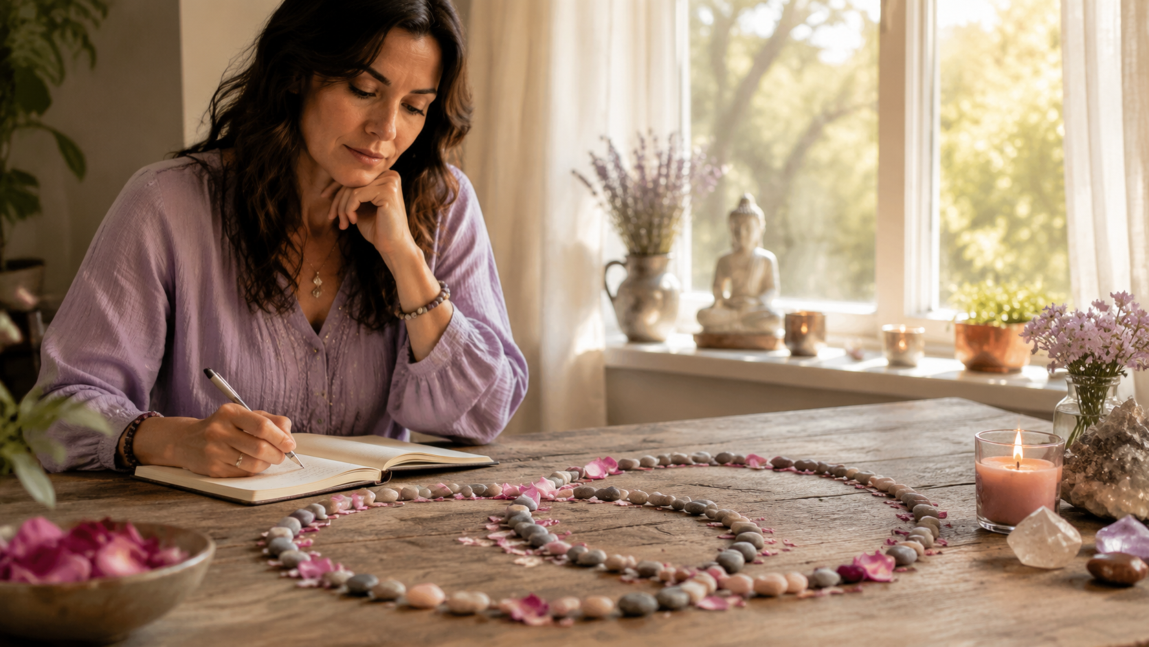 Woman journaling beside two looping paths formed from stones and rose petals
