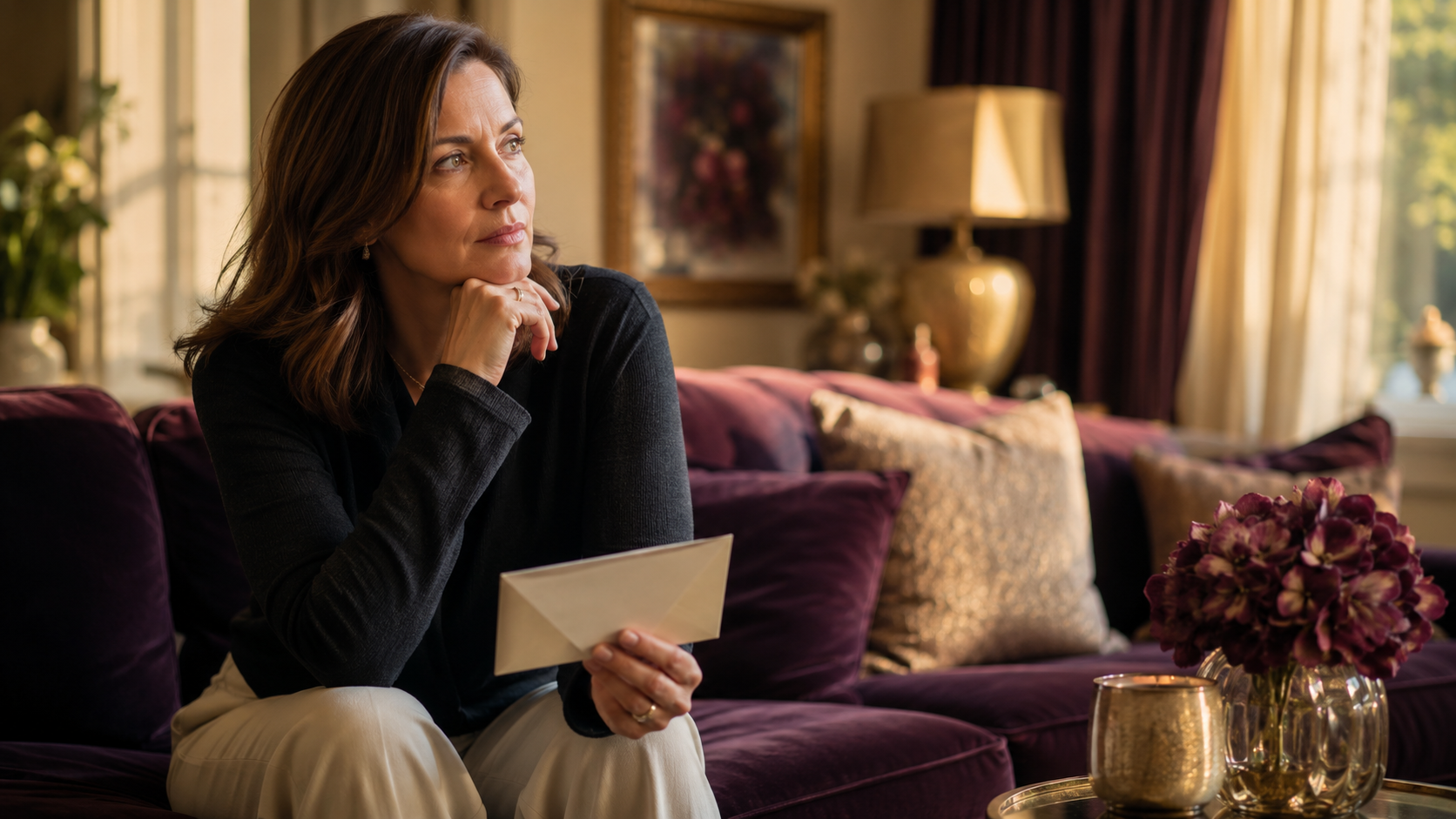 Thoughtful woman holding a sealed apology letter in a warm, quiet living room
