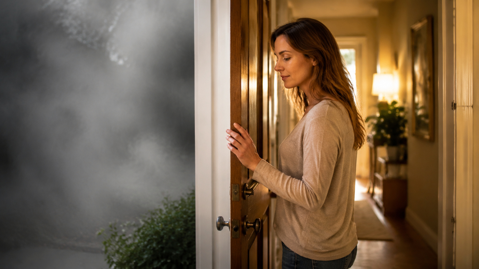 Confident woman calmly closing a doorway as clear golden light surrounds her and gray fog remains outside