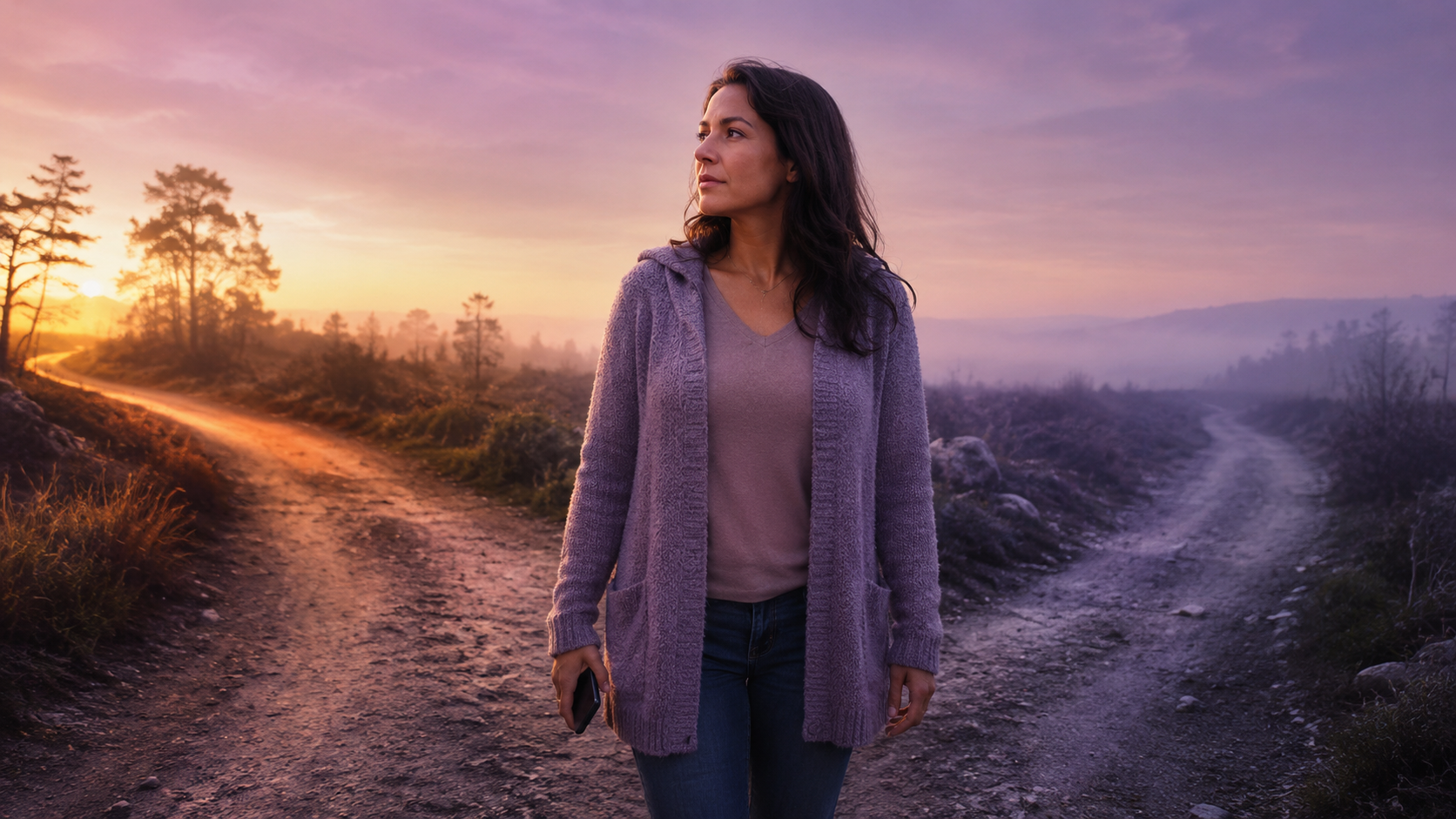Thoughtful woman holding a phone while considering two paths at a violet and golden sunrise