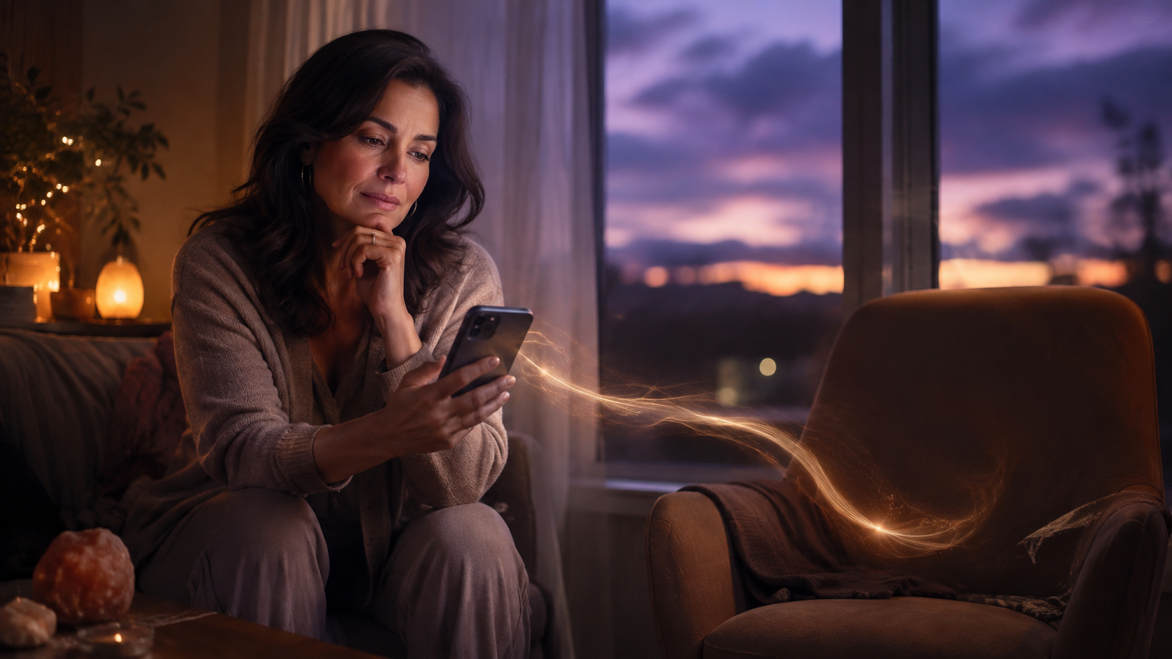 Reflective woman receiving a message from an ex beside an empty chair after a long period of silence