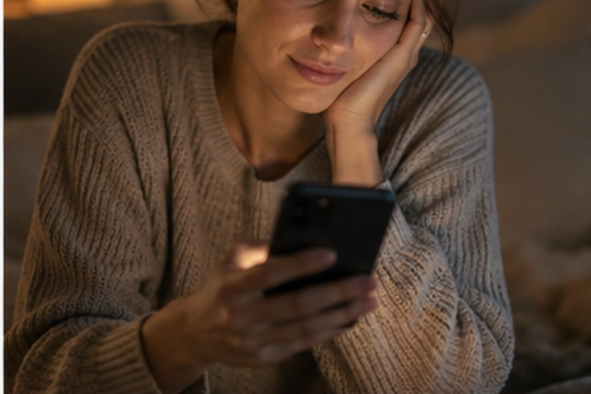 A woman thoughtfully reading a message from someone who says they miss her