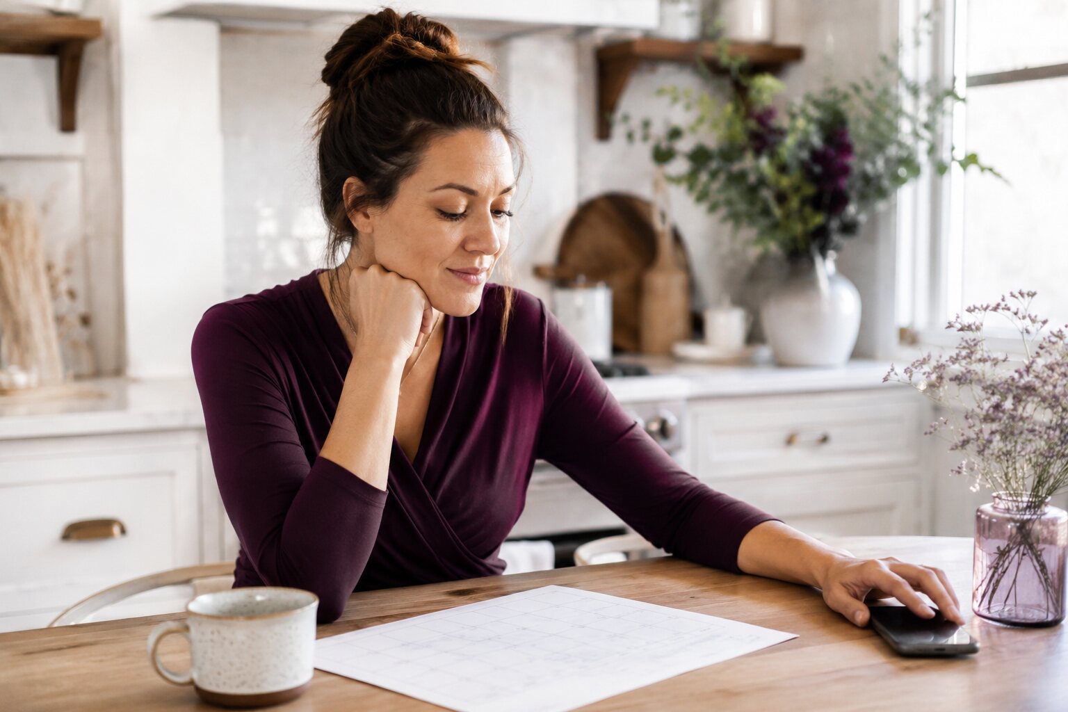 A woman looking at a calendar and phone while waiting for a plan to be confirmed