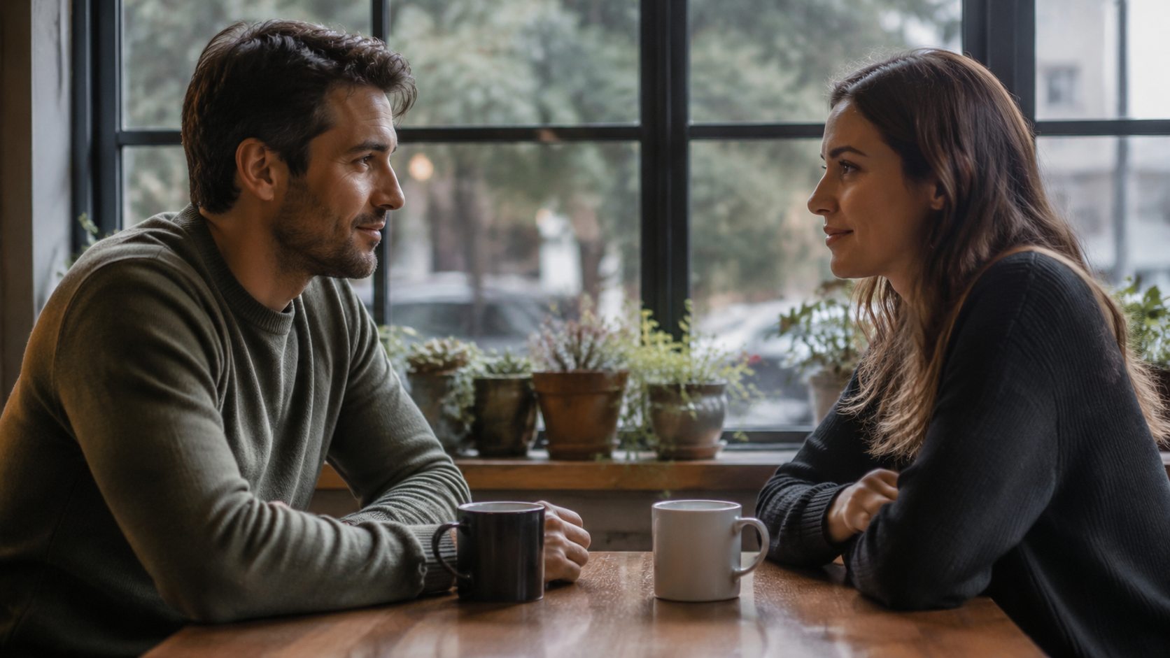 A former couple reconnects carefully over coffee in a quiet cafe