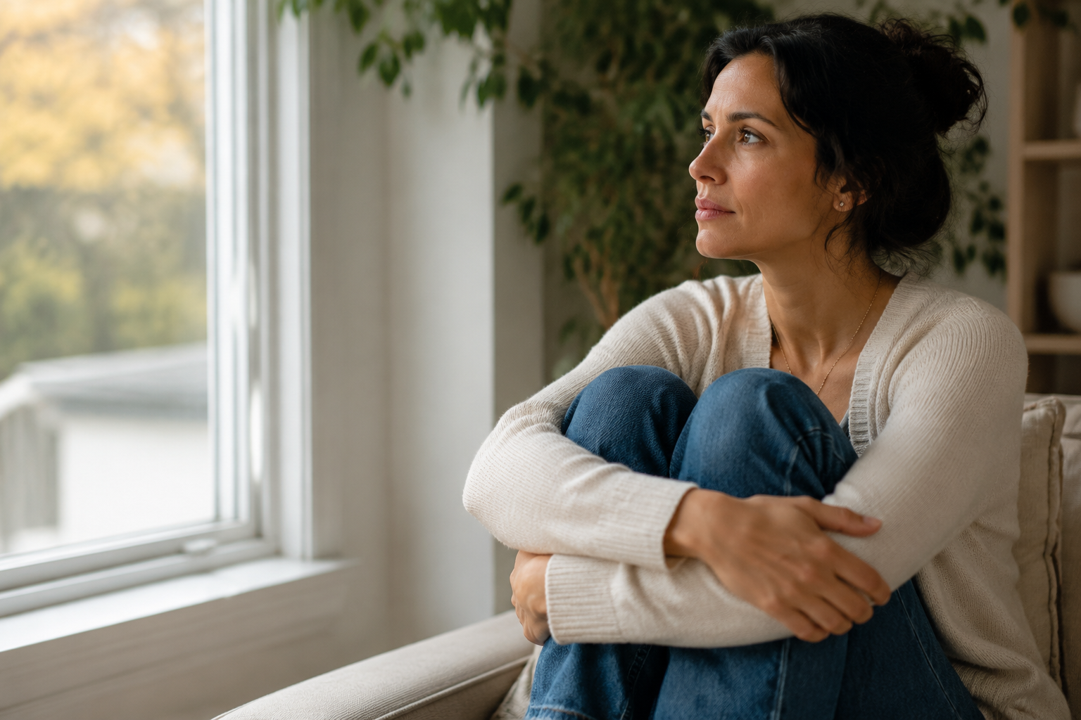 Thoughtful woman sitting by a window after a breakup
