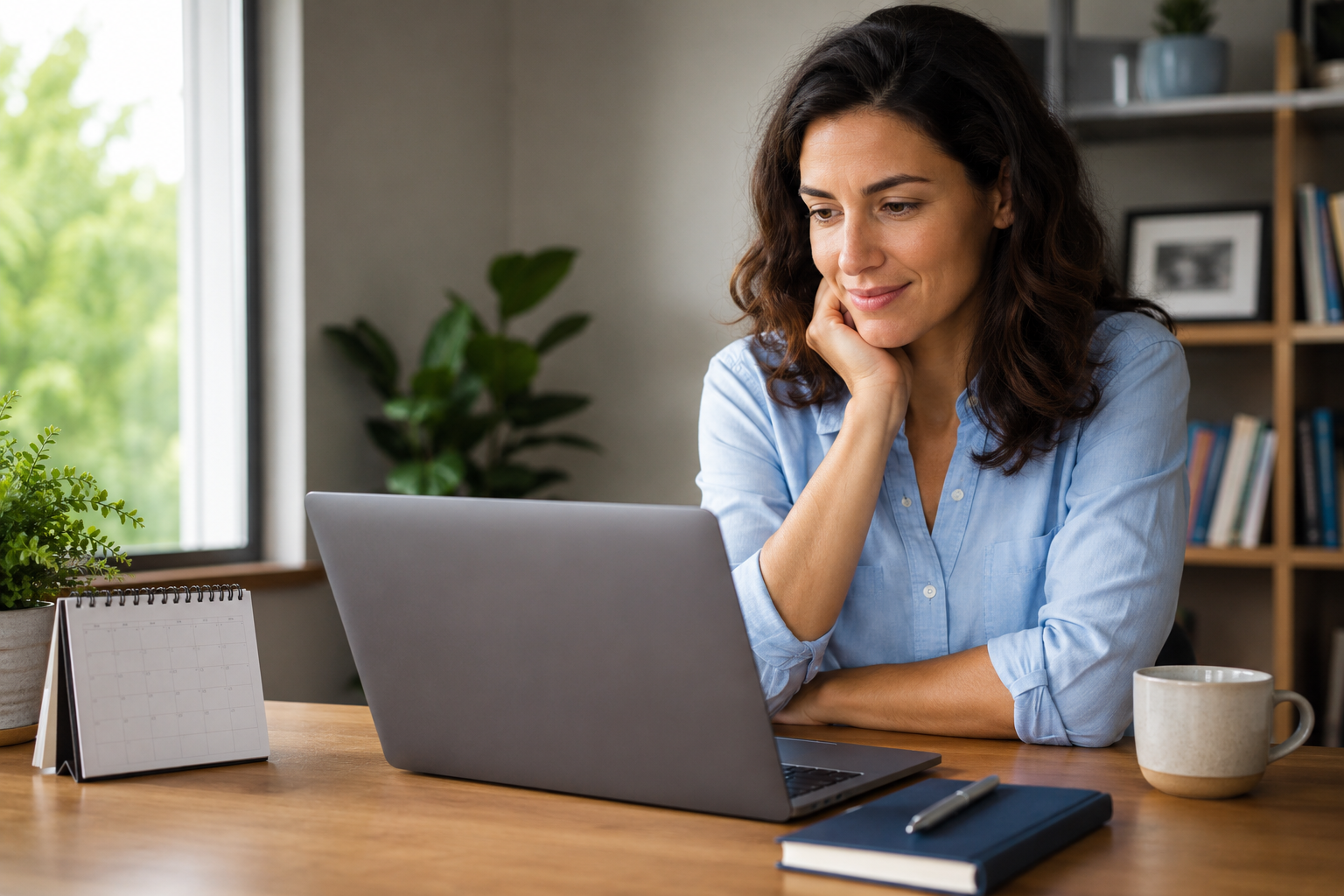 Professional woman considering a delayed opportunity at her laptop