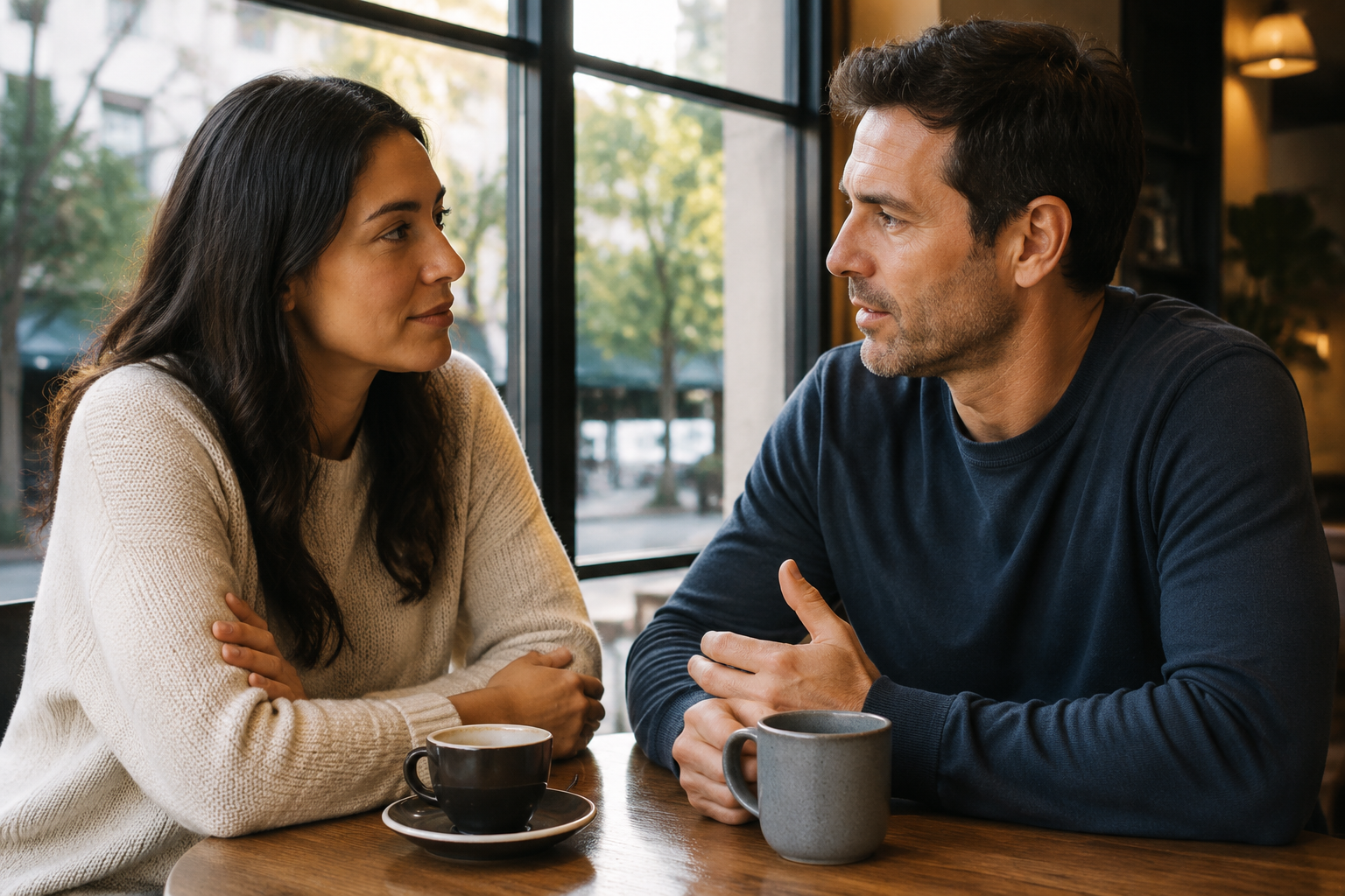 Two people having a serious conversation in a quiet cafe