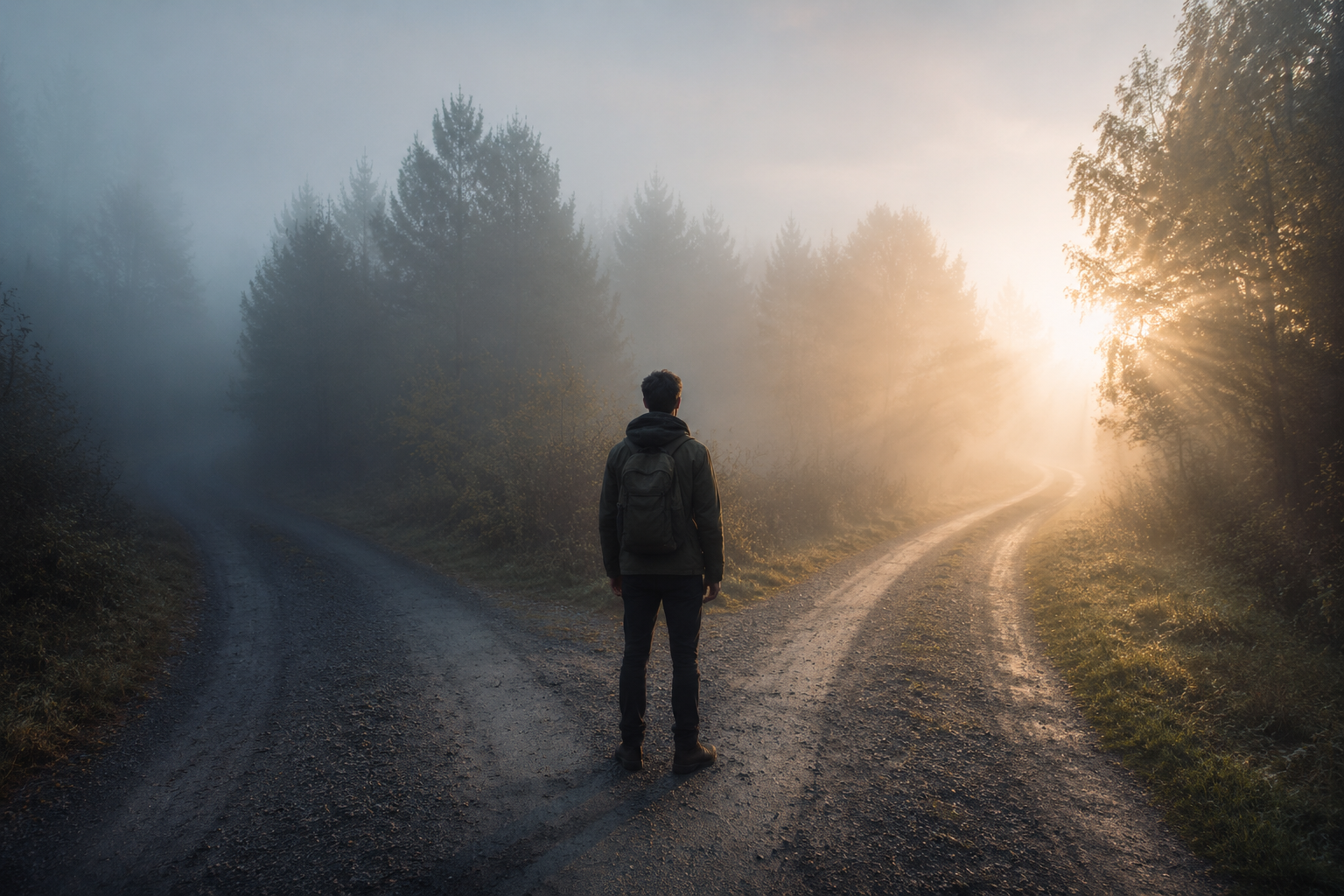 Person standing at a foggy crossroads with light ahead