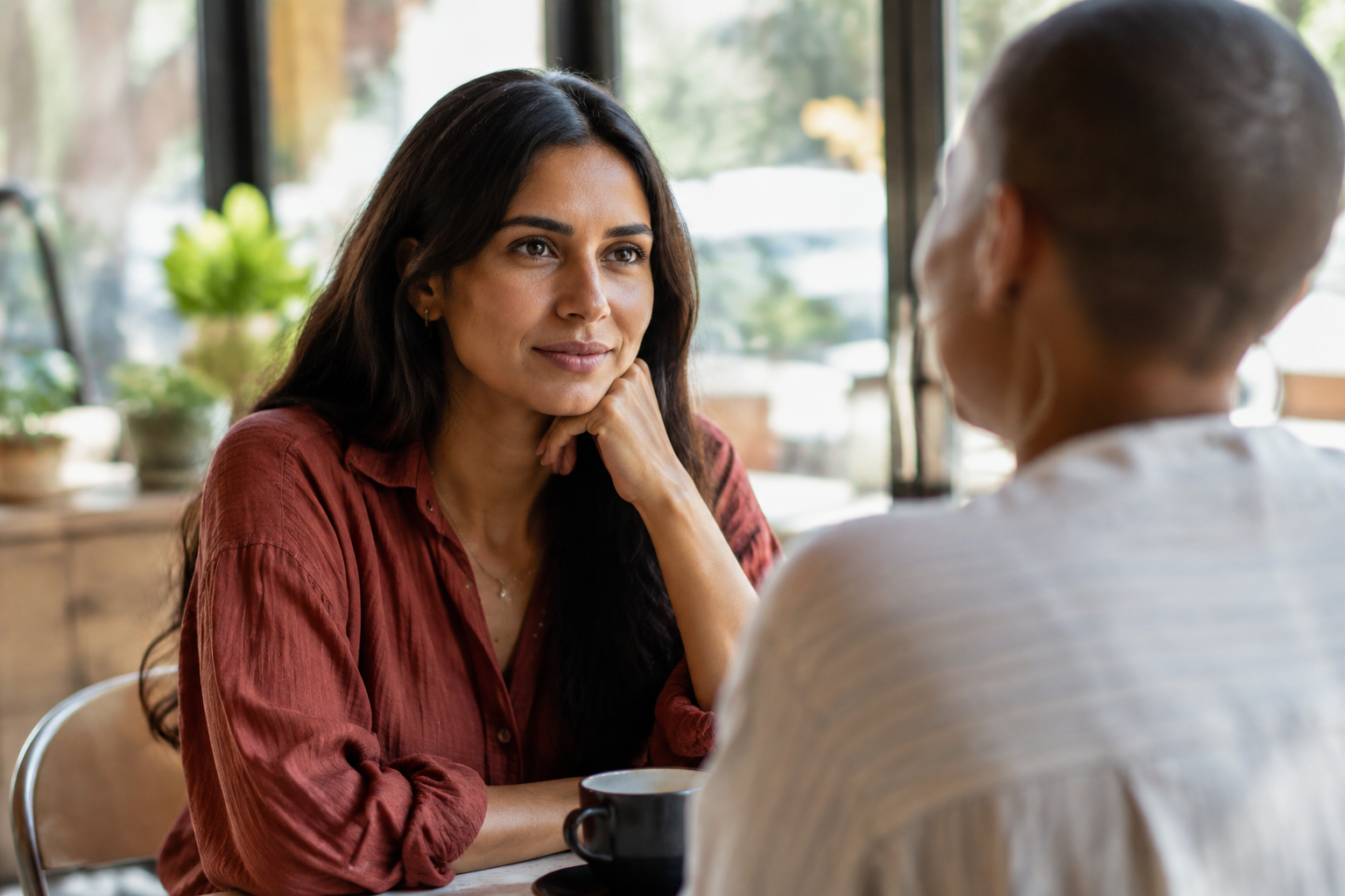 Woman thoughtfully observing someone during a first meeting