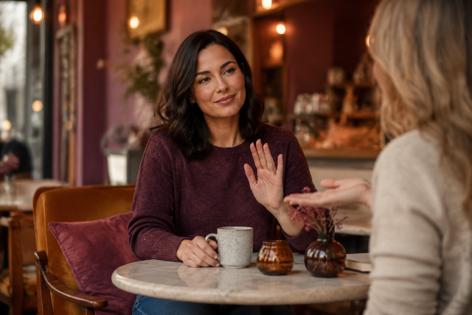 Woman calmly setting a boundary during a warm conversation at a cafe