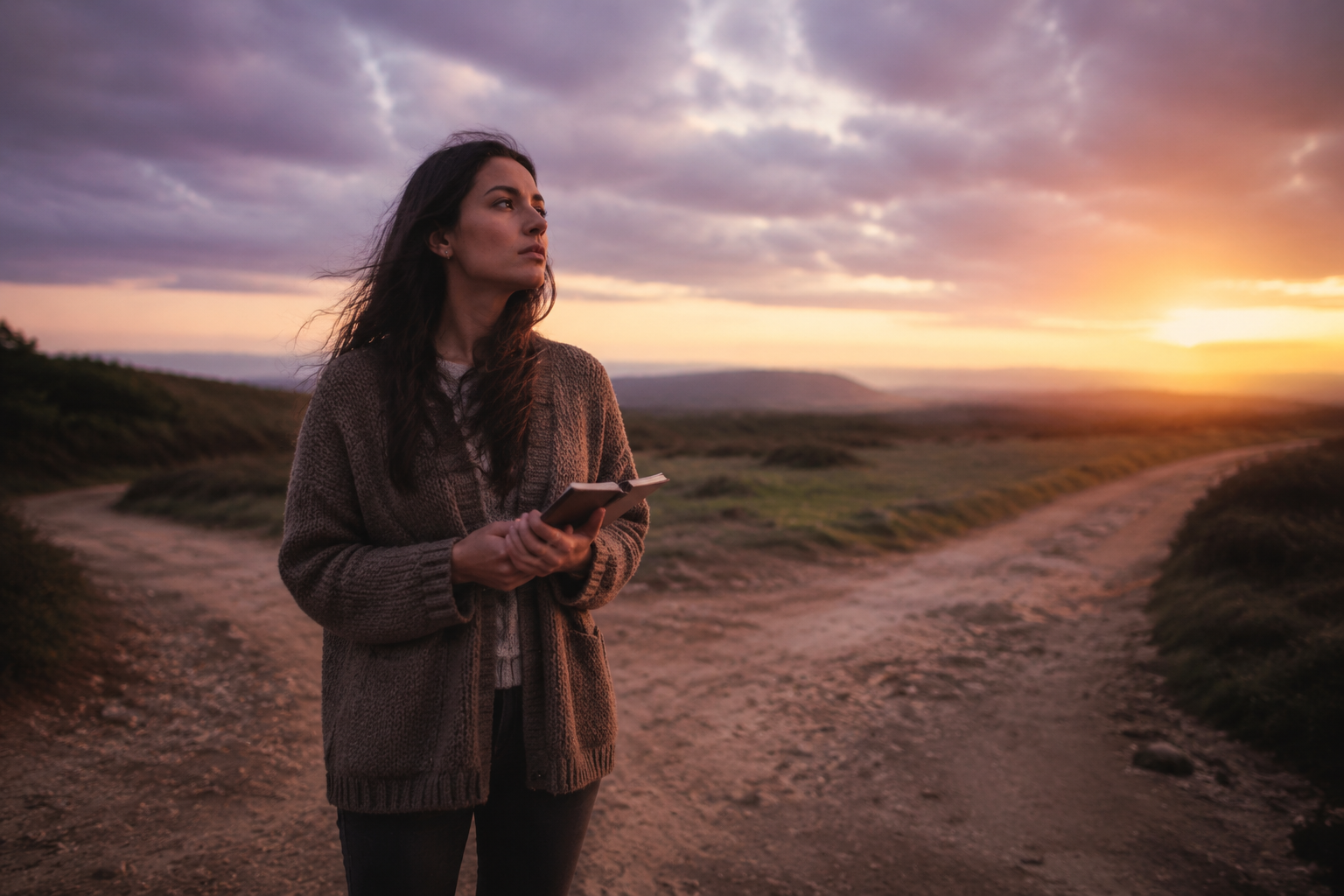 Thoughtful woman holding a notebook where two paths meet at sunset