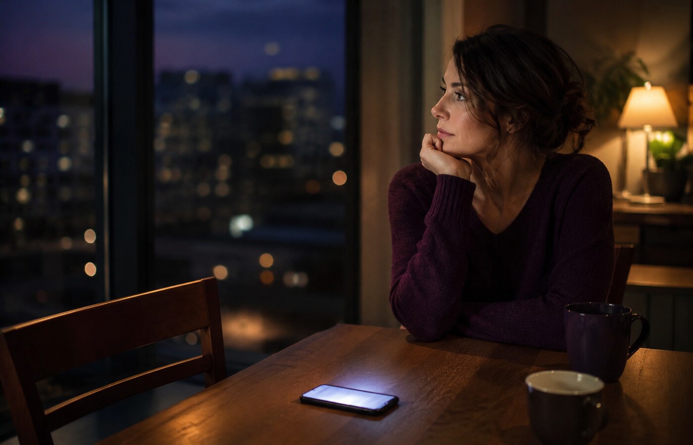 A thoughtful woman beside a phone and two coffee cups near an evening window