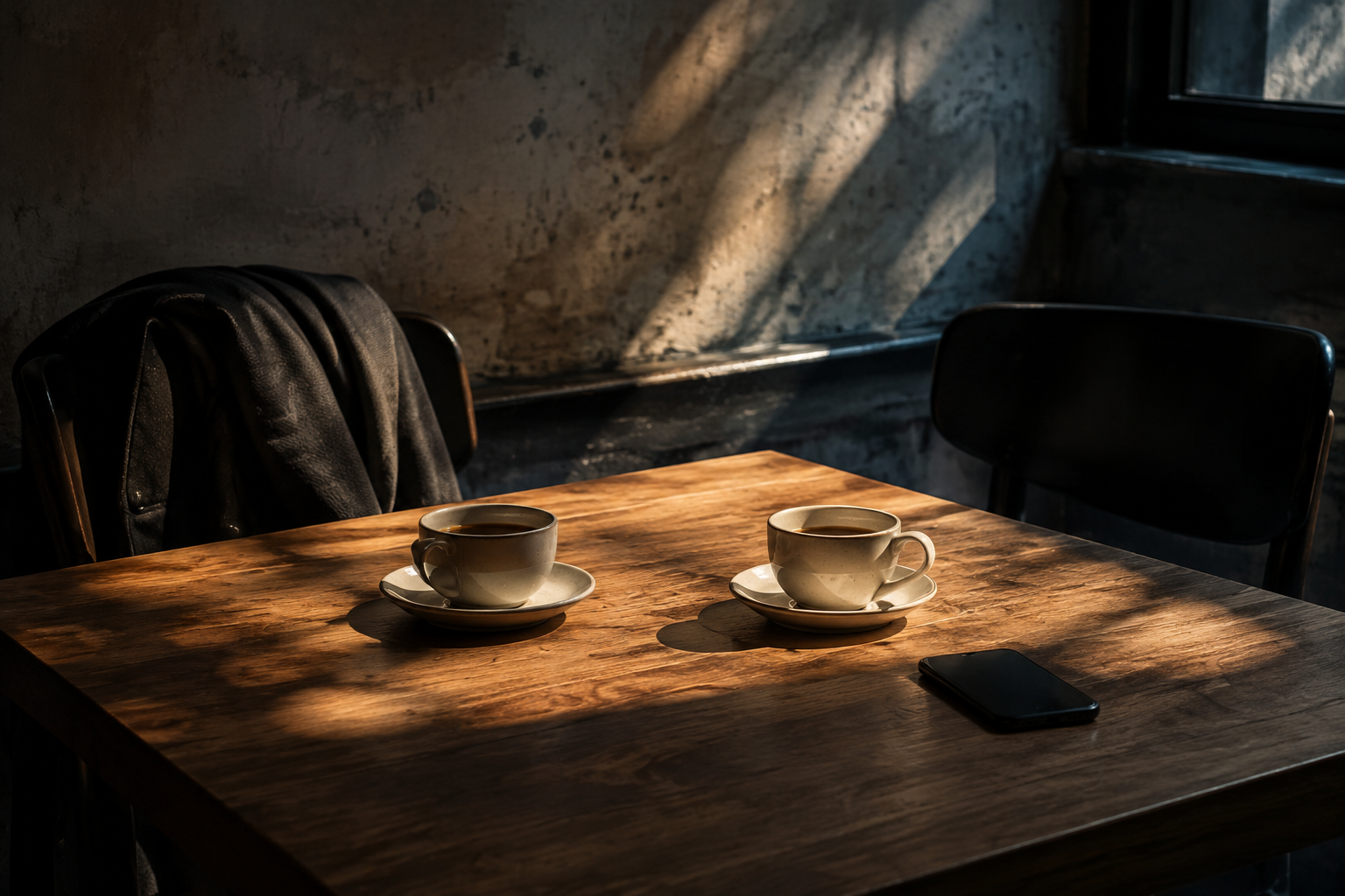 Two coffee cups and an empty chair divided by warm light and cool shadow
