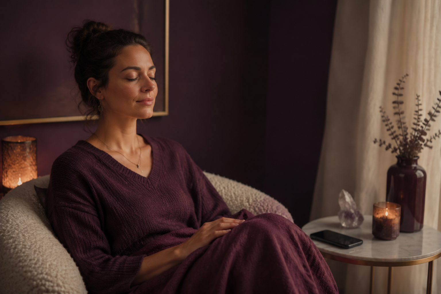 Woman sitting peacefully after placing her phone face-down in a plum-colored room
