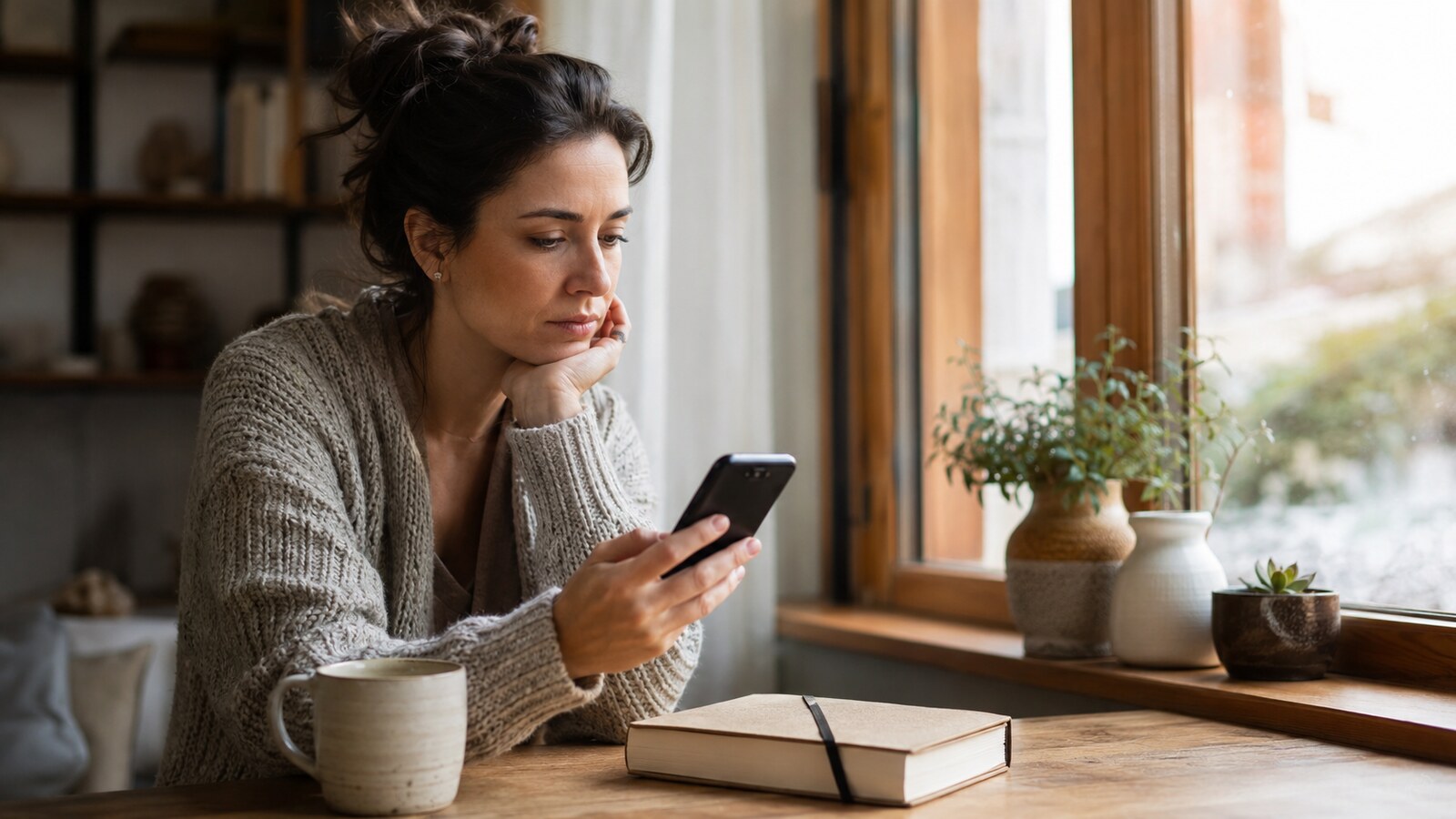 A thoughtful woman looking at her phone beside a closed journal near a bright window