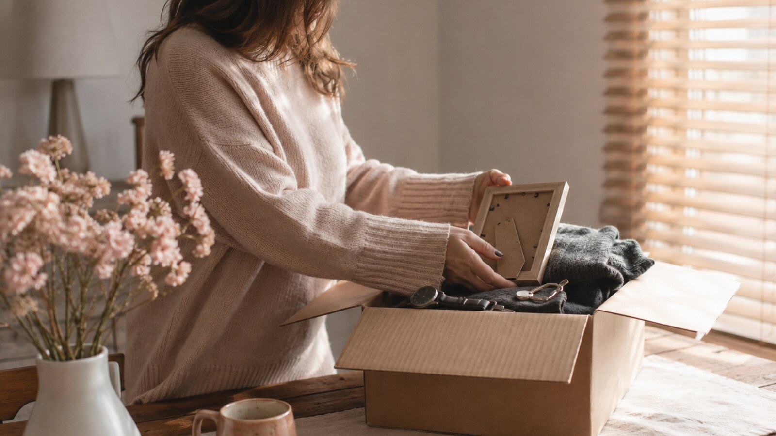 A woman carefully packing a sweater, watch and framed photograph into a cardboard box
