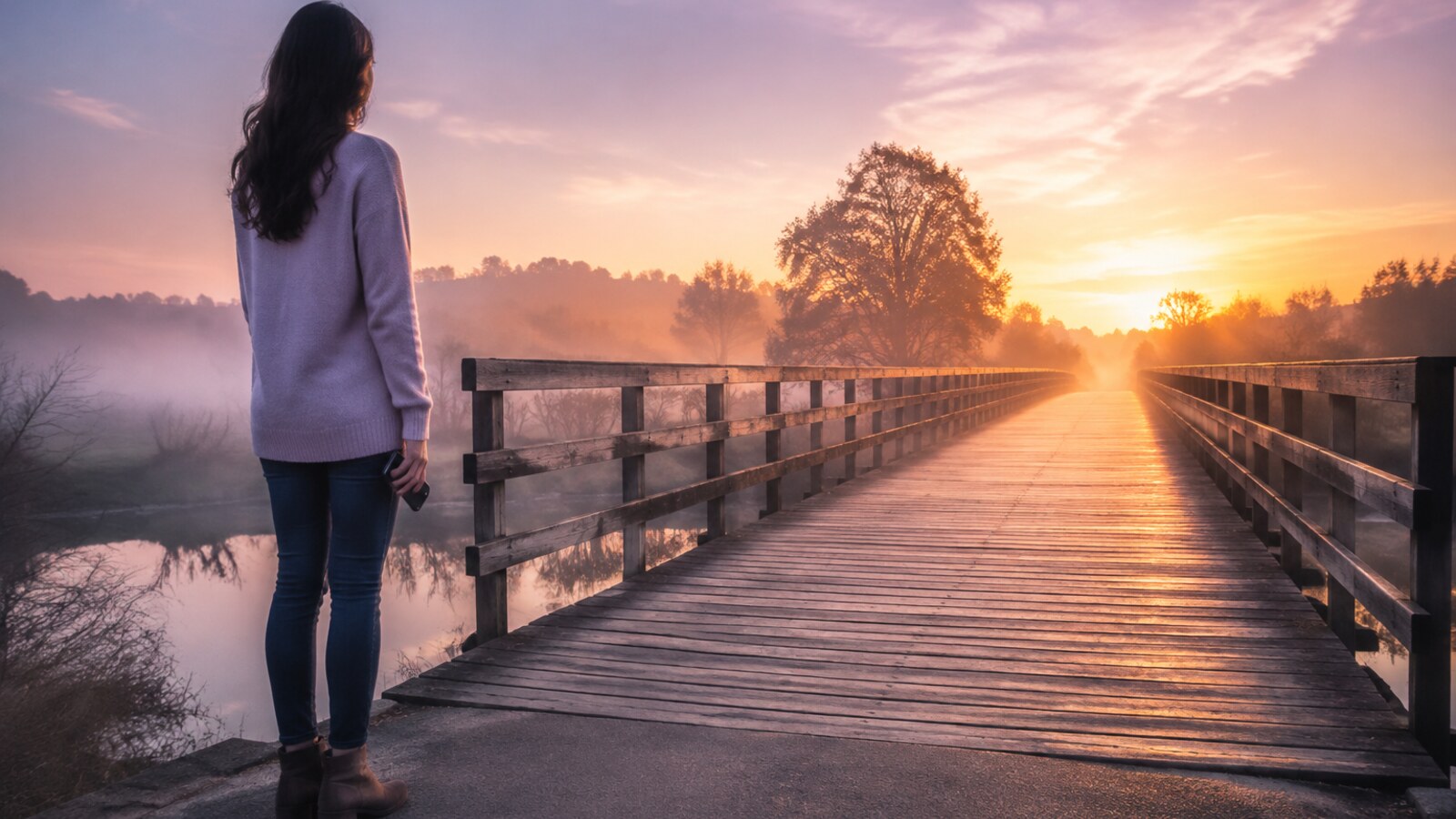 A woman standing alone at the beginning of a long footbridge at sunrise with a phone at her side