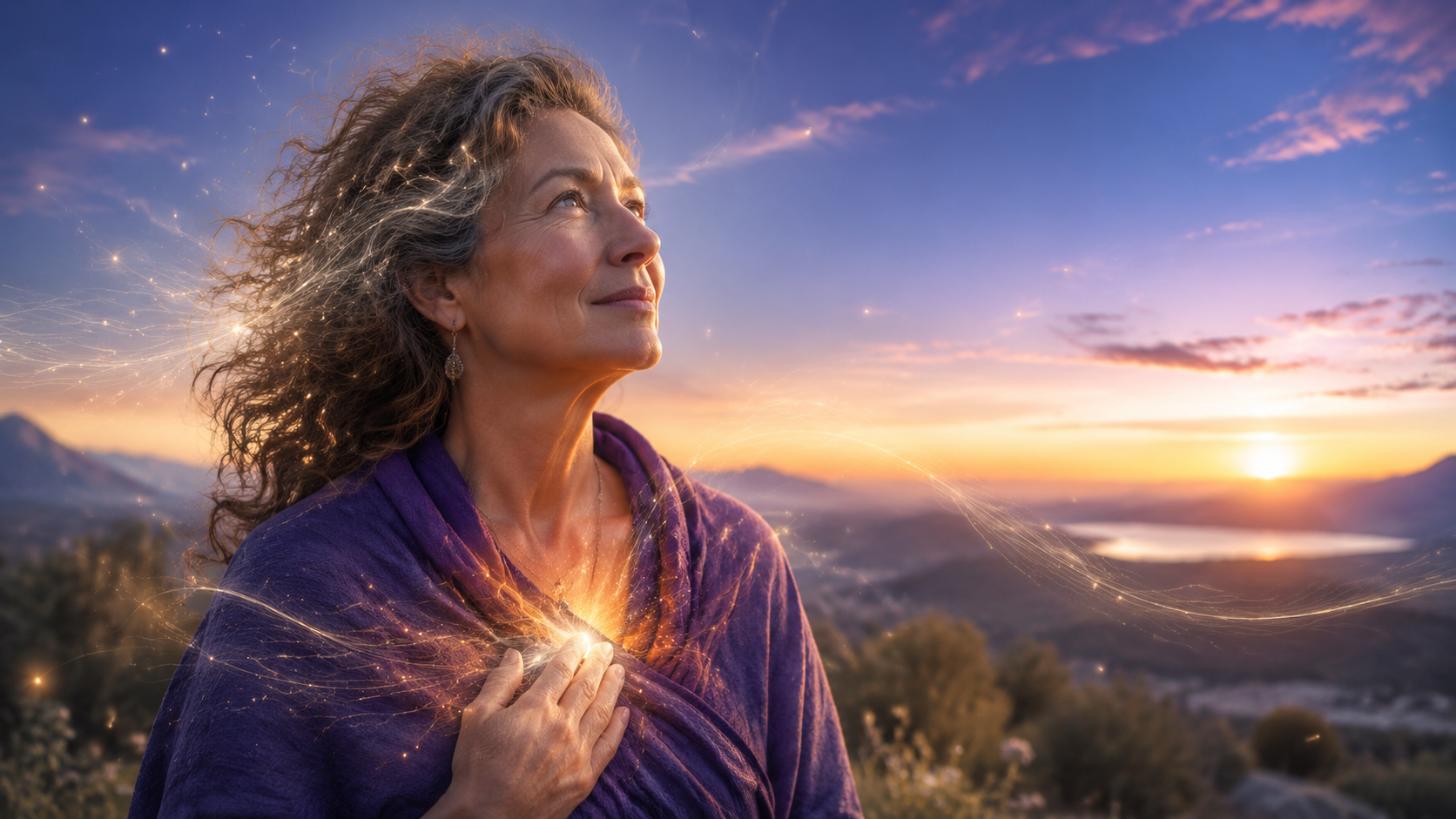 A woman at dawn surrounded by subtle golden light as she experiences a moment of intuitive knowing