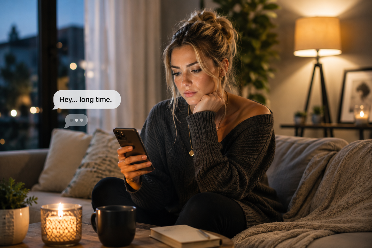 Woman receiving an unexpected message from someone who came back after no contact
