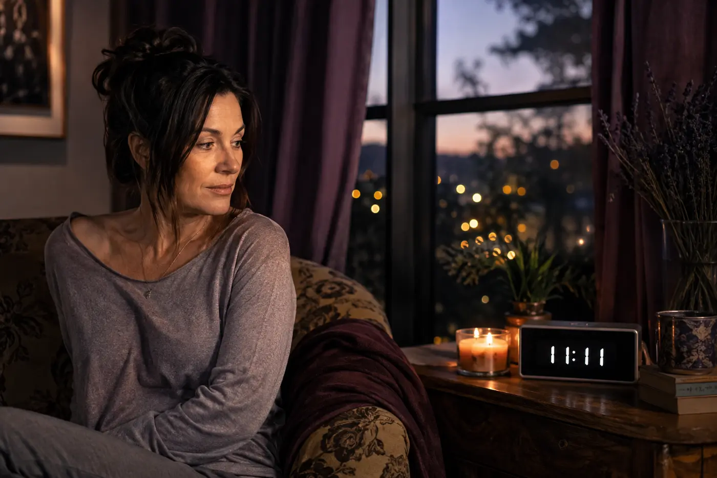 Thoughtful woman noticing a digital clock displaying 11:11 at twilight