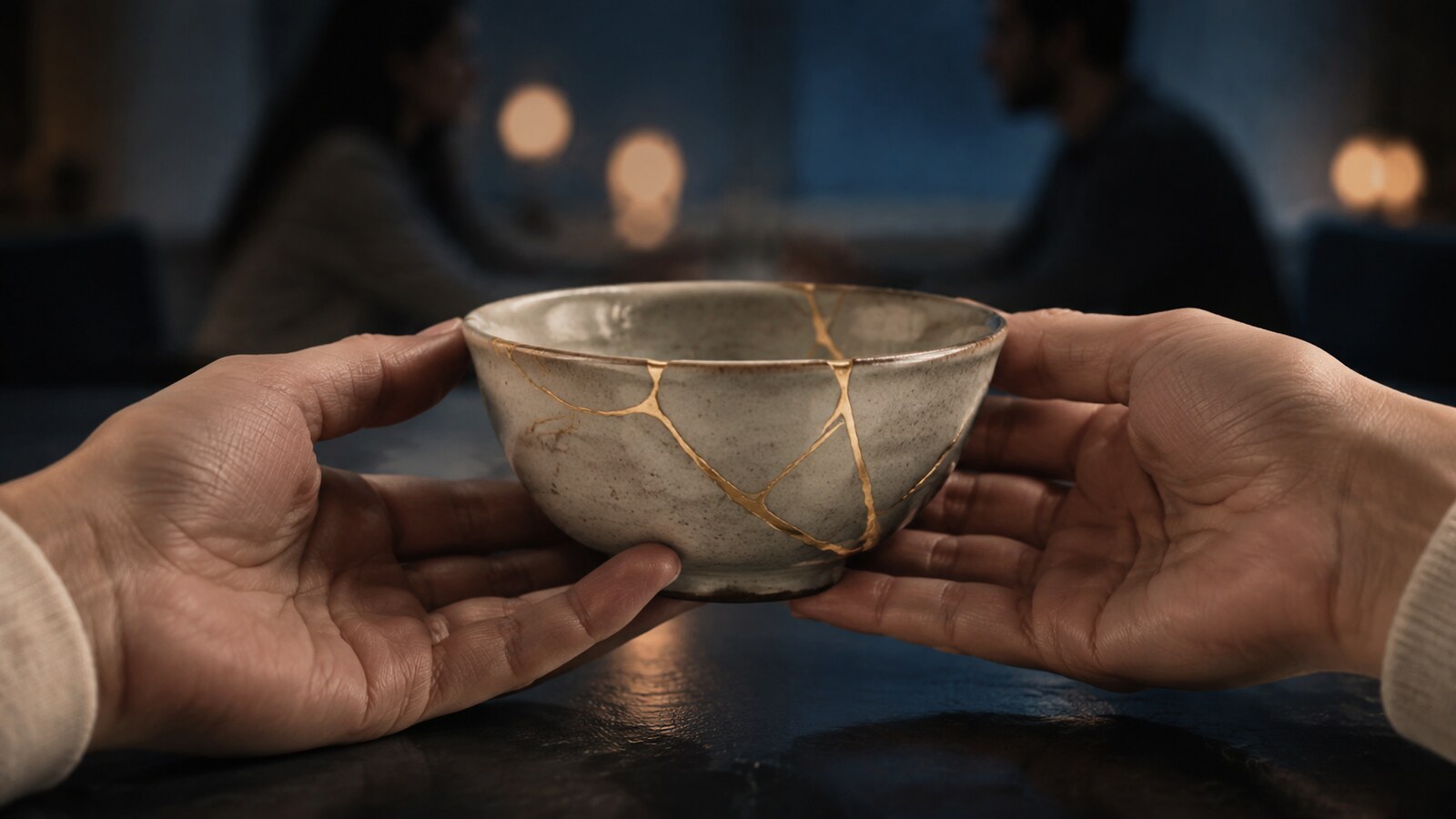 Two people holding a ceramic bowl repaired with visible gold seams