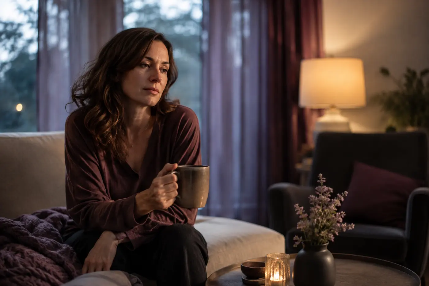 Thoughtful woman resting with a warm mug after an emotionally draining conversation