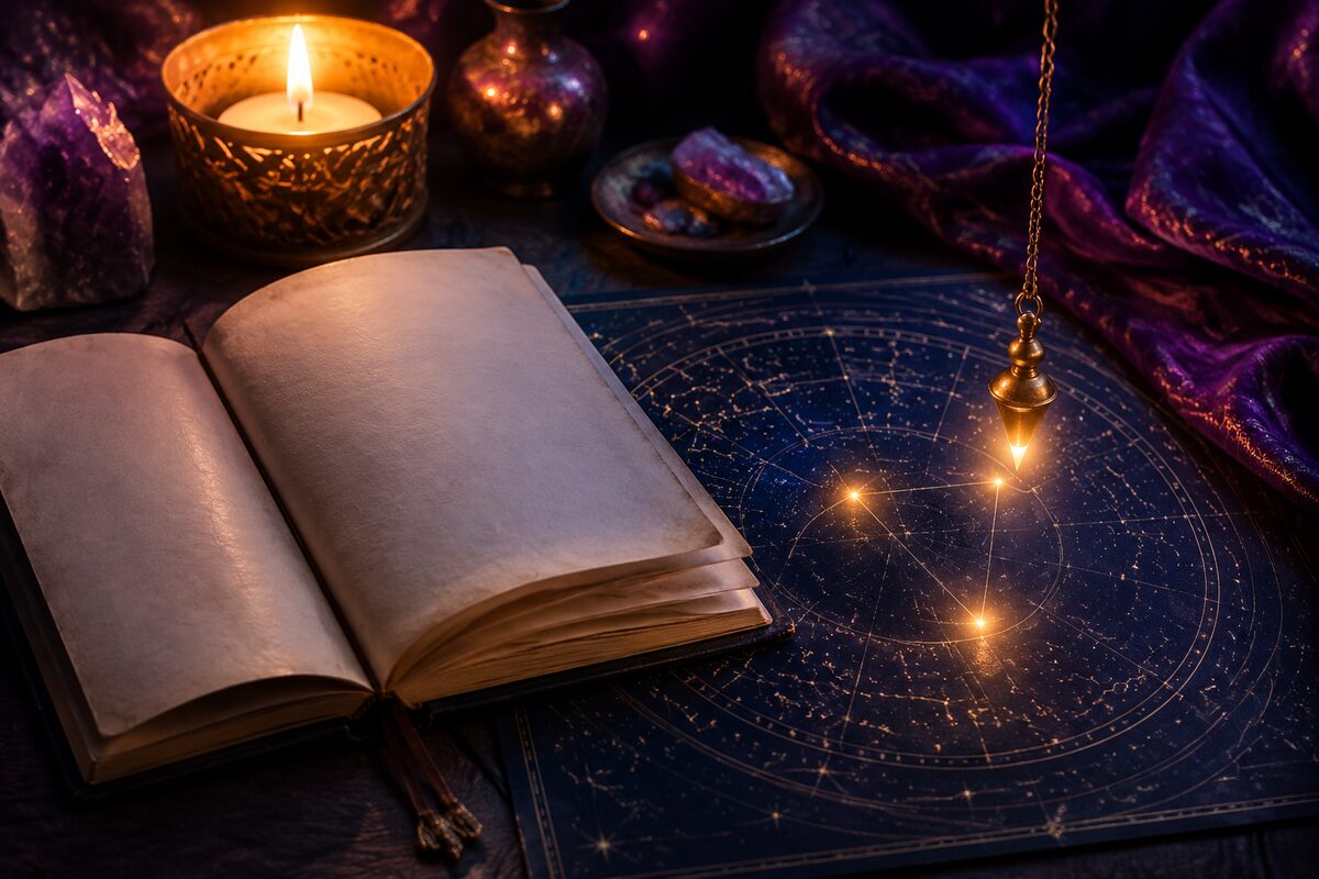An open journal beside a pendulum and three glowing points on a star map