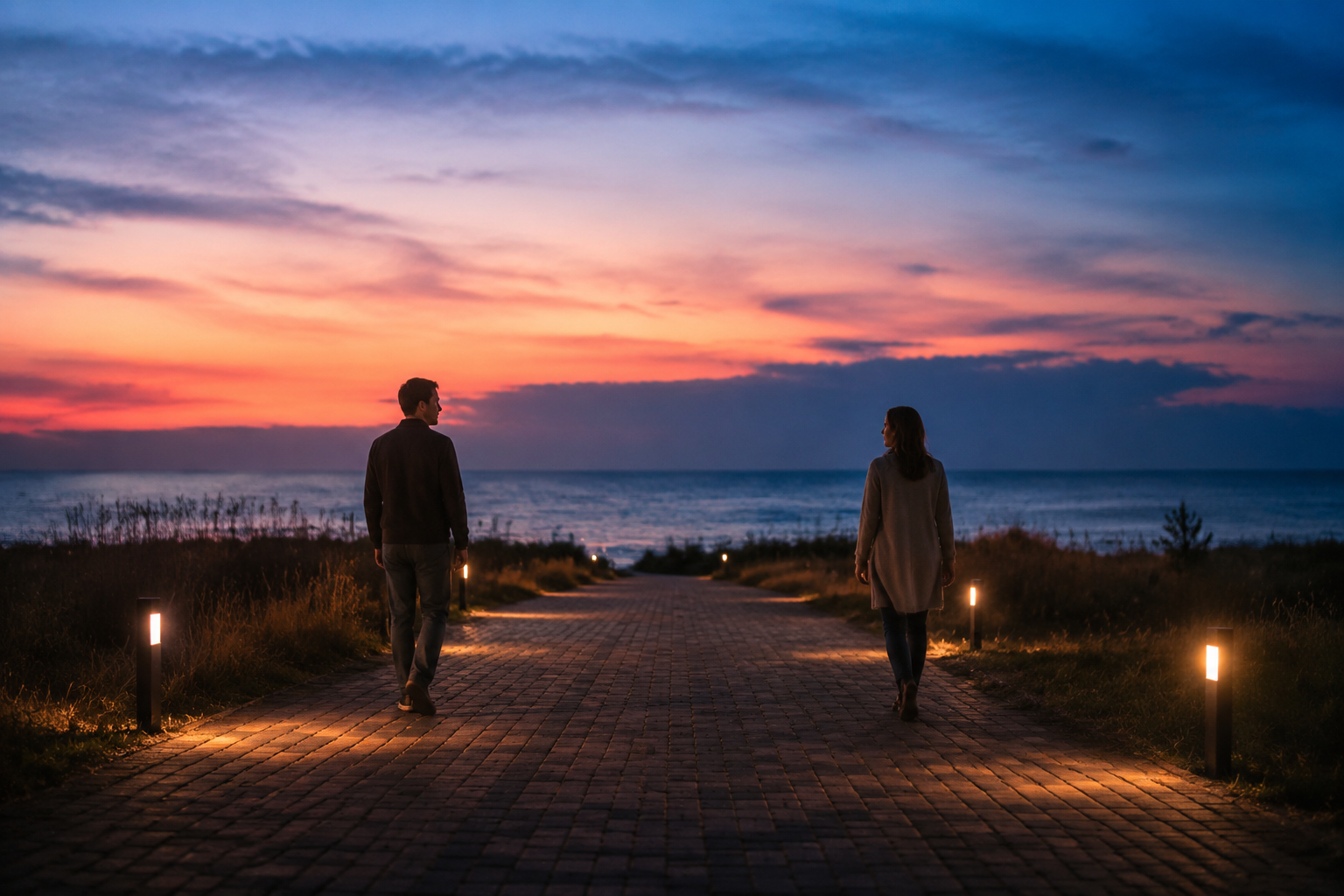 Two adults standing apart on a quiet path after an emotionally vulnerable conversation