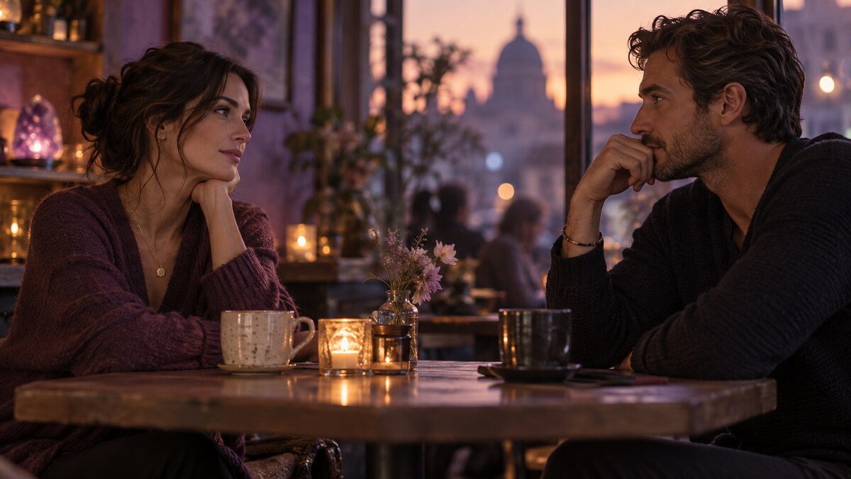 Two adults sharing uncertain but meaningful eye contact across a cafe table
