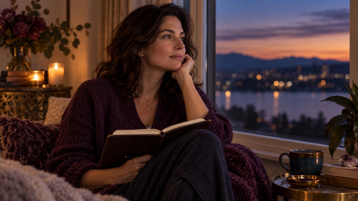 A reflective woman journaling by a window at dusk above city lights
