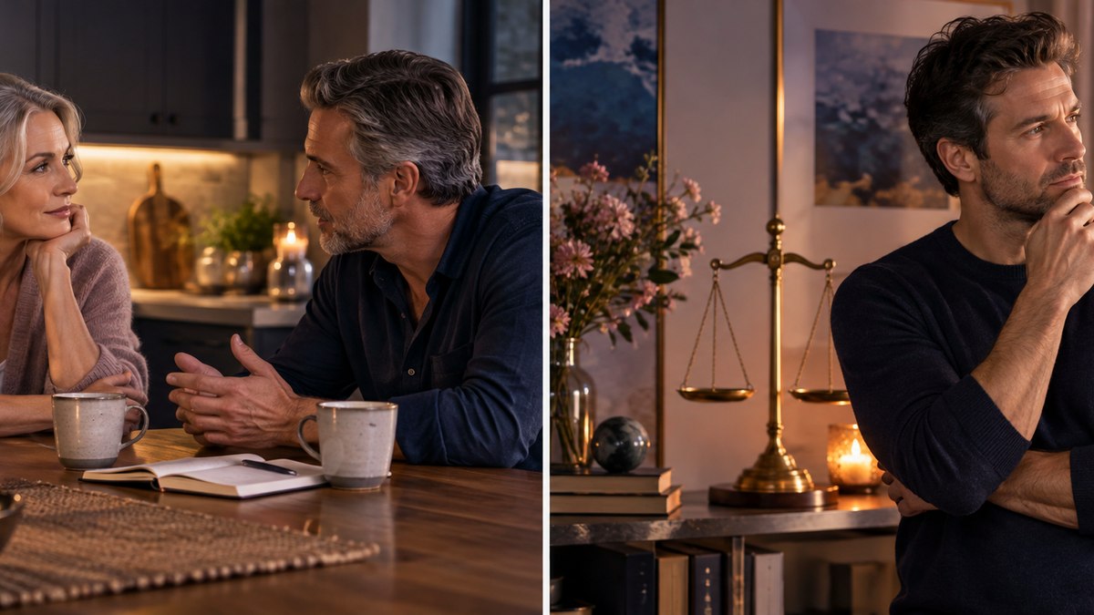Two adults having a warm focused conversation at a café table