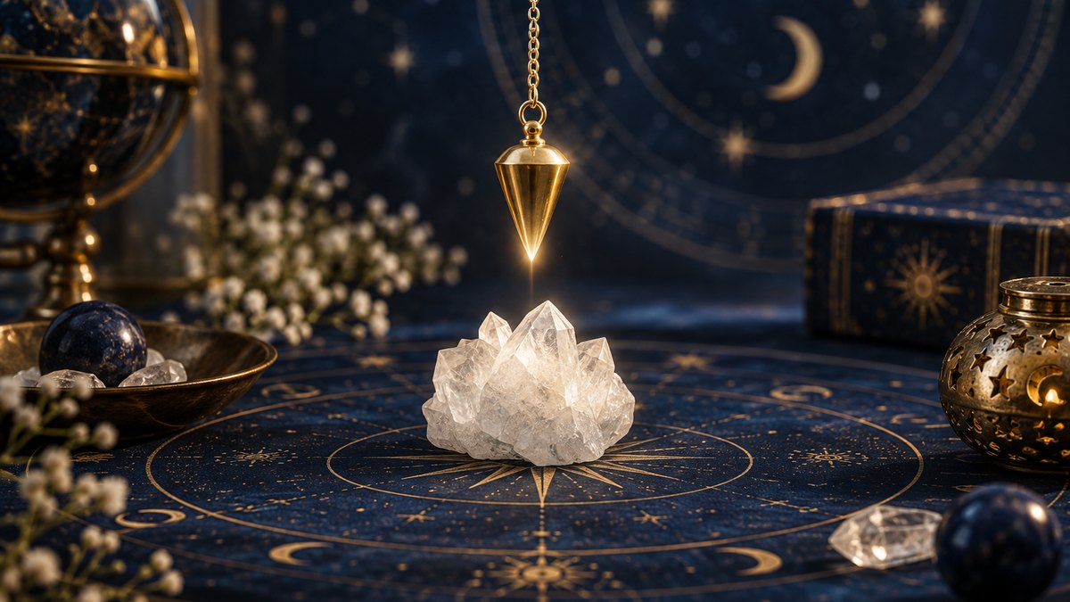 Golden pendulum above white crystal on a midnight blue celestial table
