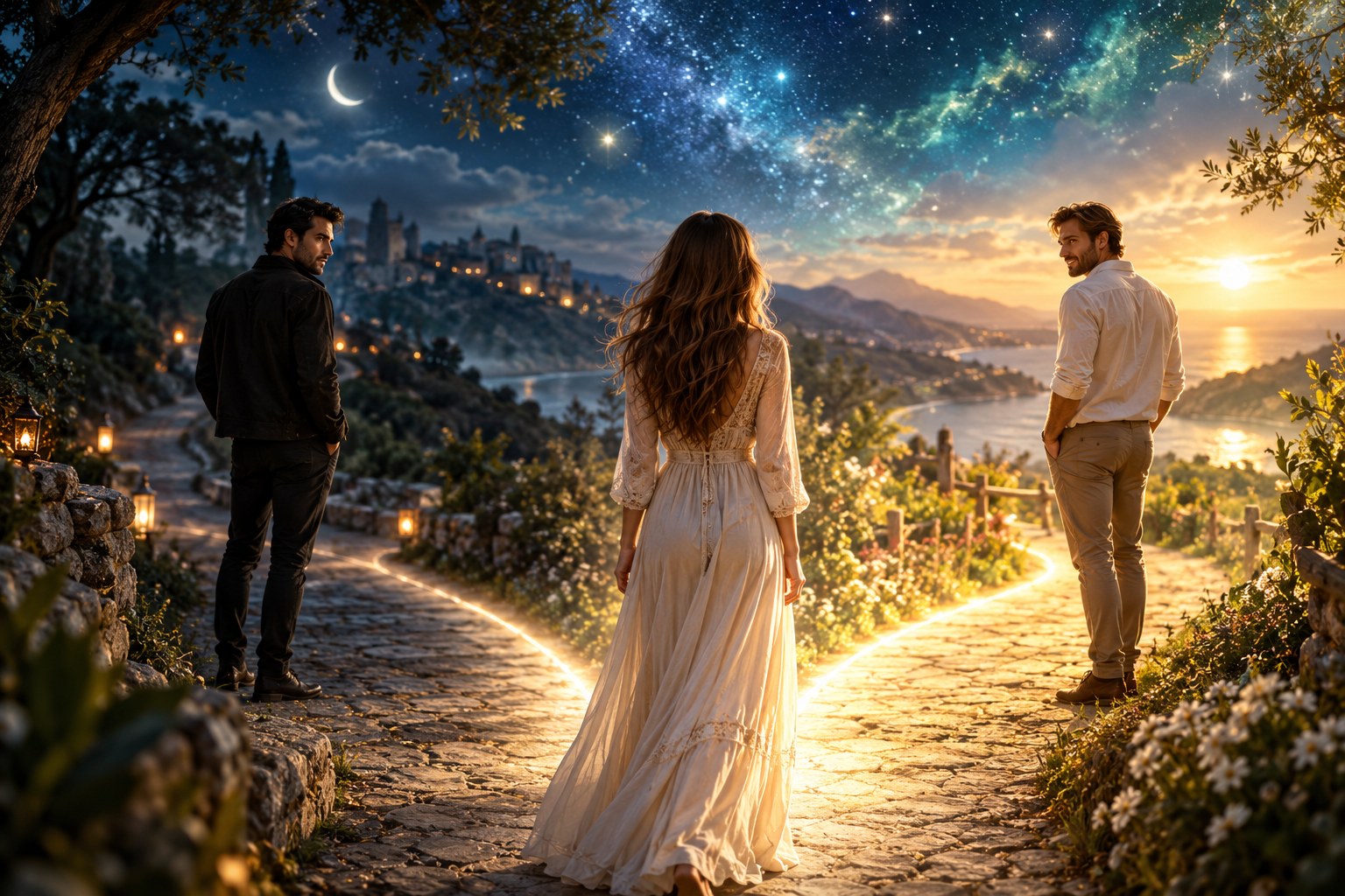 woman at a glowing crossroads between two adult romantic possibilities