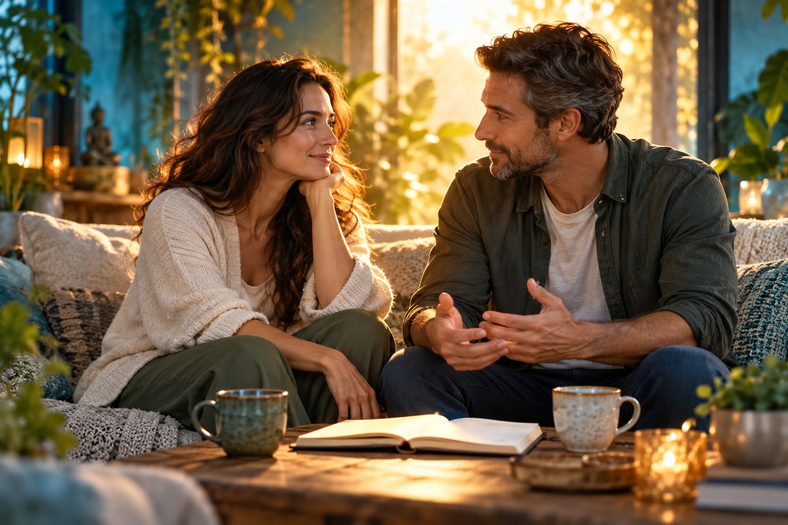 adult couple reconnecting through calm conversation after personal growth work